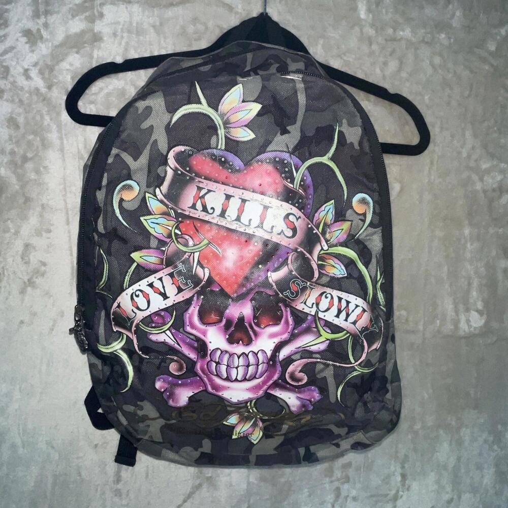 Vintage Y2K Ed Hardy By Christian Audigier Backpack Love Kills Slowly Army SLD